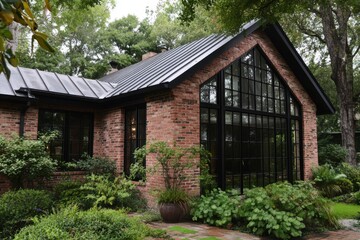 Brick house with large glass windows surrounded by lush greenery in a residential area on a sunny day, showcasing a blend of modern and traditional architectural styles