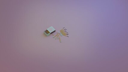 Single green-tipped matchstick standing among pastel hearts