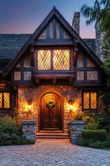 Charming stone house with illuminated windows showcasing timeless architecture in the evening glow with lush greenery surrounding the entrance