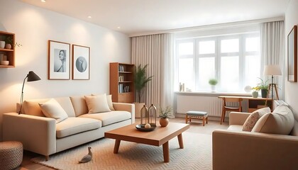 Fototapeta premium Modern Living Room Interior Design Featuring Beige Sofa