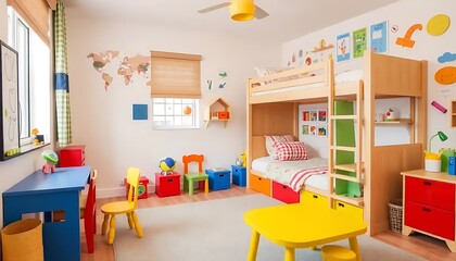 Colorful Childrens Bedroom Featuring Bunk Bed And Play Area