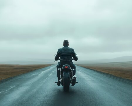Man in a leather jacket riding a motorcycle down an empty road, back view, freedom and rebellion