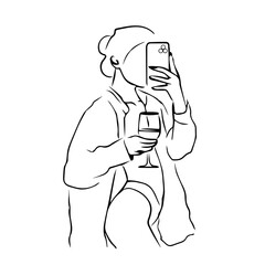 Trendy Girl Vector Illustration Holding a Wine Glass and Taking a Selfie