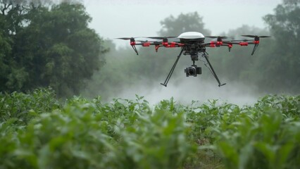 "Man in field with red and black drone, green plants, trees, and misty sky - Daytime aerial shot."