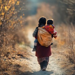 Mother carrying a child on her back walking down a village path, back view, familial warmth