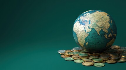 Detailed View of Globe Surrounded by Piles of Coins Representing Global Economy, Trade, and Financial Growth on a Green Background