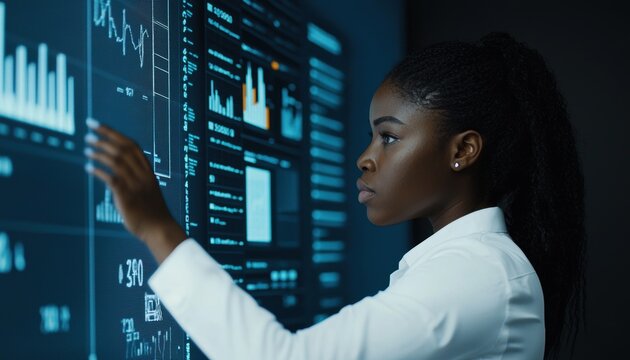 Young Professional Woman Engaged in Data Analysis on Digital Screen