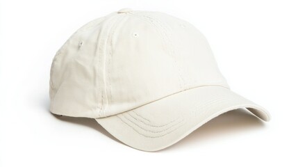Off-white cotton baseball cap isolated on white background.