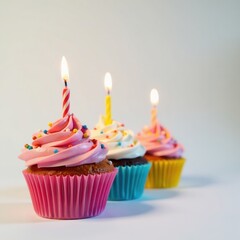 Colorful cupcakes with lit candles on a white background , celebration, candles, happy birthday