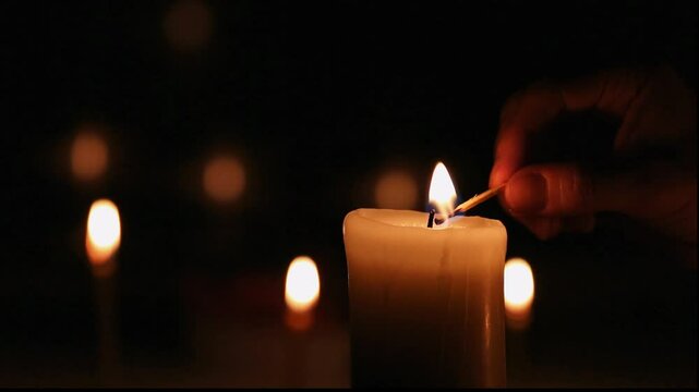 Woman lights a candle with a match on dark black background, blur lights behind in holiday celebration. Candle fire flame with space. Magic ritual with one candle fire. Close-up romantic emotion video
