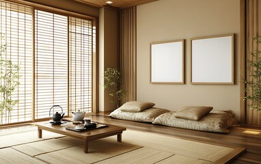 Fototapeta premium Serene Japanese-style room, tea ceremony setup, natural light, minimalist decor, home interior design