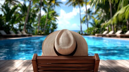 Obraz premium Relaxing in the Sun by the Poolside Wearing a Wide-Brimmed Straw Hat Surrounded by Tropical Palm Trees