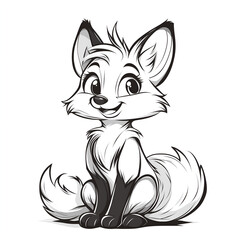 cute fox, smiling and sitting down, in a simple doodle style. Vector line art, clipart on a white background. 