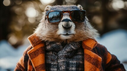 Fototapeta premium Relaxed fashionista groundhog with a beautiful coat and sunglasses walks outdoors in winter. Groundhog Day celebration