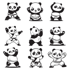 Naklejka premium cute panda play kung fu silhouette black and white vector illustration collection
