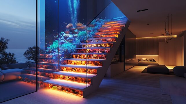 A sleek aquarium integrated into the risers of a luxury home's staircase, filled with vibrant tropical fish and glowing coral, illuminated by soft LED lights,
