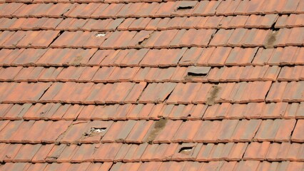 Naklejka premium Exposed red brick wall with visible cracks and chipped bricks, showcasing natural wear and the passage of time.