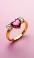 A delicate gold ring with three heart-shaped diamonds and one ruby, placed on pink background, Valentine day concept.