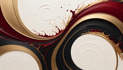 Abstract swirling gold and red paint artwork, a modern fluid art masterpiece with concentric circles