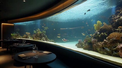 Fototapeta premium A stunning curved fish tank displaying a vibrant underwater ecosystem, positioned in a luxury dining space with minimalist decor, smooth textures,