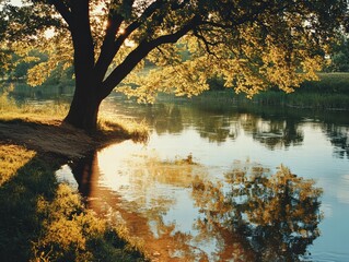 Obraz premium The shadows of the trees stretching over the quiet river and their reflections in the water add to the tranquility of the scene.