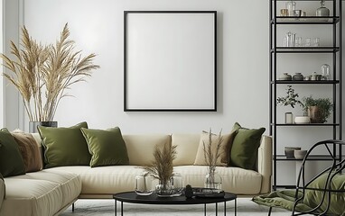 Modern living room interior design, beige sofa, pampas grass, mockup frame