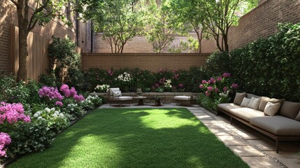 Obraz premium Serene Garden Retreat with Lush Greenery and Colorful Flowers