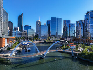 Aerial view over the Swan River of Elizabeth Quay and the Perth city skyline