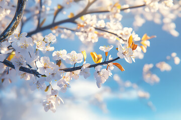 Fototapeta premium A close-up of cherry blossom branches against a soft blue sky, symbolizing spring and renewal.