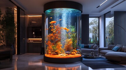 A tall cylindrical fish tank with a cascade of bubbles, showcasing colorful fish and glowing aquatic plants, integrated into a high-tech living room with glossy surfaces and ambient LED lighting.