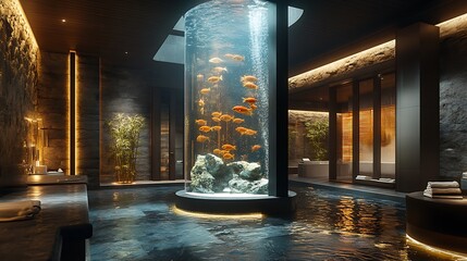 A tall, elegant aquarium housing shimmering exotic fish, surrounded by gentle water streams and...