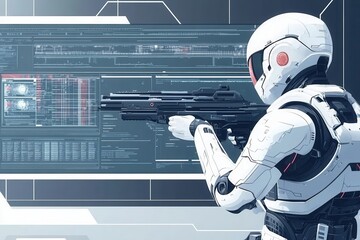 Futuristic Robot Soldier Engaged in Tactical Operation in Advanced Control Environment with Holographic Interface and Digital Data Streams