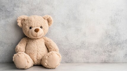 A soft, beige teddy bear rests against a plain wall, radiating warmth and comfort in a softly lit indoor setting, inviting feelings of nostalgia