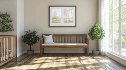 Cozy Modern Interior with Bench and Plants near Bright Windows