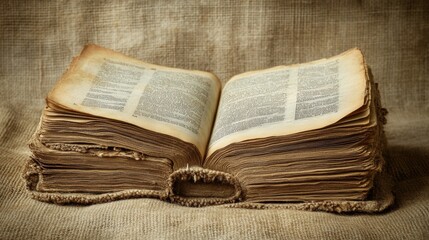 Fototapeta premium Open Vintage Book with Yellowed Pages on Neutral Background