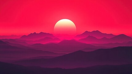 Obraz premium Vibrant Sunset Over Layered Mountains with Pink Sky and Golden Sun