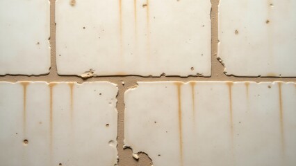 Ceramic floor tiles with scratches, scuffs, and cracks, showing wear and aging from years of use.