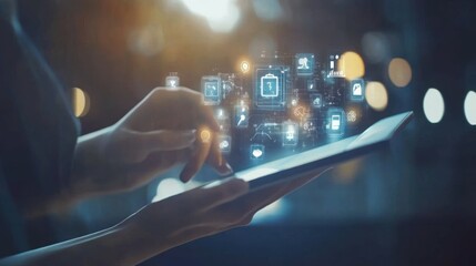 Gesture of a Person Using a Tablet with Digital Icons Representing Technology and Data Above Their Hand in a Dimly Lit Environment