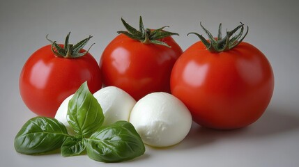Fresh Red Tomatoes with Basil and Mozzarella on Gray Background
