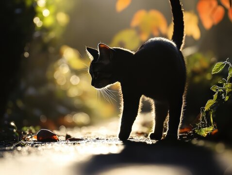 The shadow of a cat on the ground, its silhouette captured in the moonlight as it walks through a quiet garden.