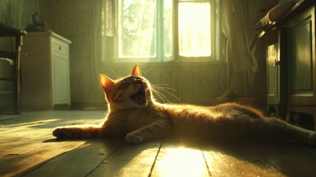 The shadow of a cat stretching across the floor as it yawns, with soft sunlight filtering through the window. - Powered by Adobe
