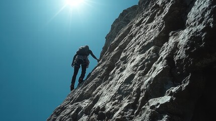 Fototapeta premium The shadow of a climber on a rocky mountain face, their figure outlined against the bright sky above.