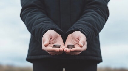 Person holding two small, dark stones in open palms.