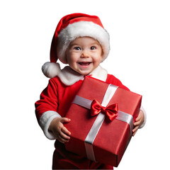 cute little boy in senta's dress holding red gift box with cute smile on white  background
