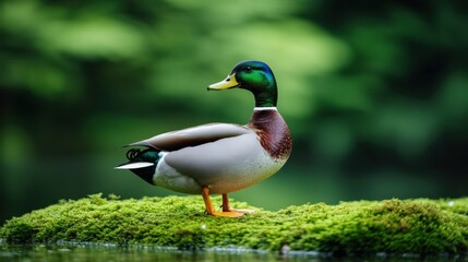 Fototapeta premium Colorful Male Duck Standing on Mossy Log Near Calm Water Surface