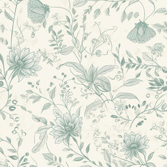 floral pattern  design features intricate, stylized flowers, leaves, and vines in soft, The floral elements have delicate, hand-drawn details, with a sense of organic flow, a light and airy