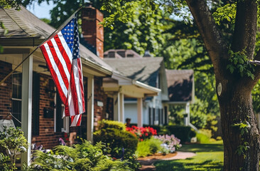 American Flags Hanging on Front Porches of Charming Suburban Residences