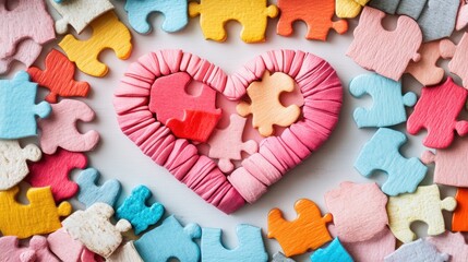 Colorful Puzzle Pieces Forming a Heart Shape on a White Background