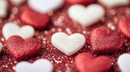 Colorful heart-shaped decorations create a soft and romantic ambiance with a backdrop of sparkling red and white