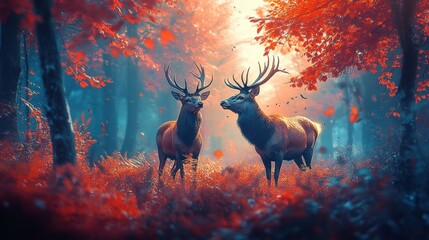 Majestic Deer in a Vibrant Autumn Forest with Colorful Foliage